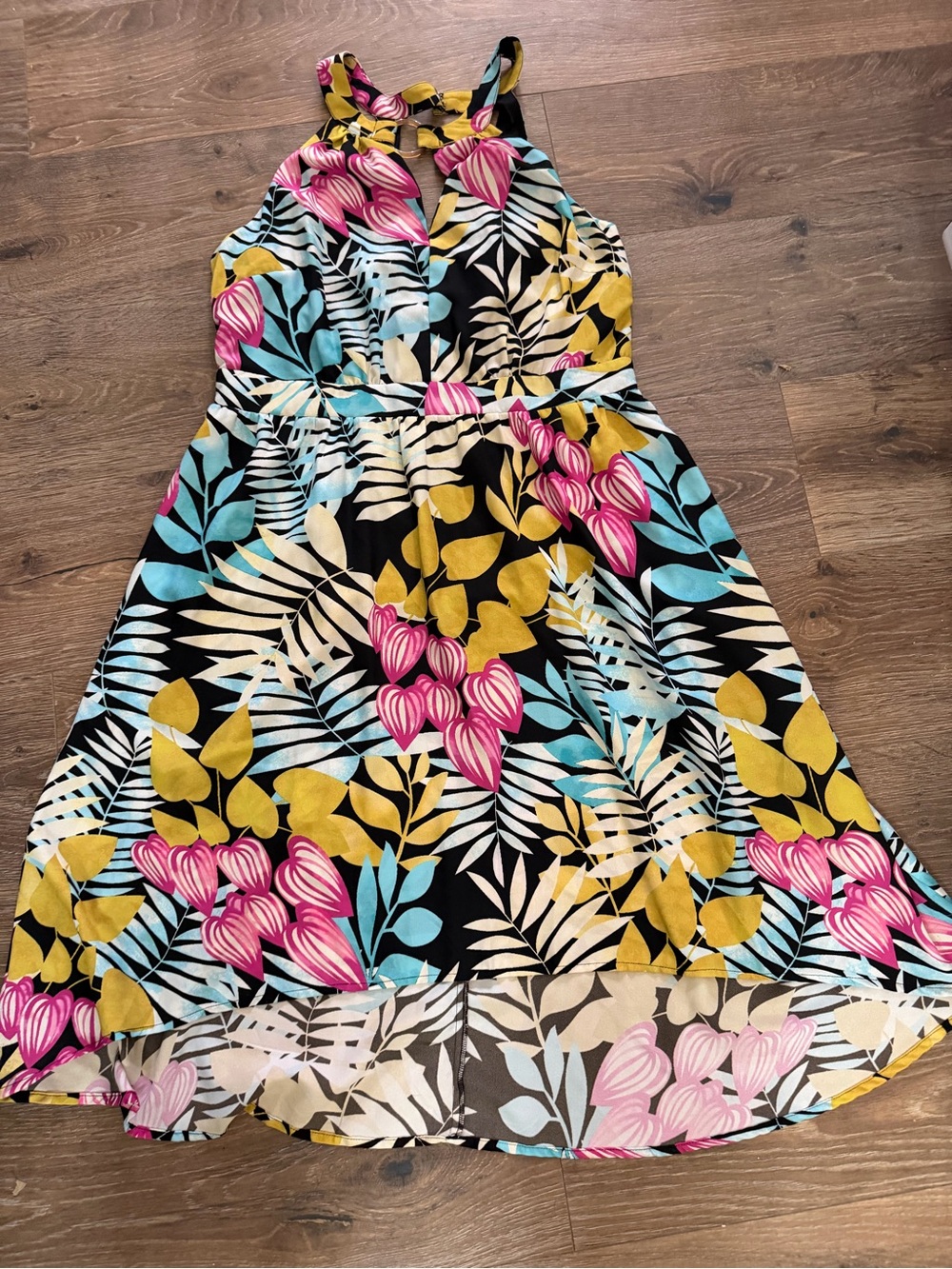 Girls Black Floral Halter Dress with Pink & Yellow Accents